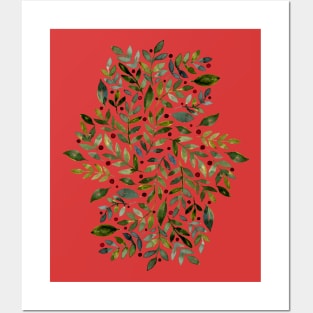 Seasonal branches and berries - green on red Posters and Art